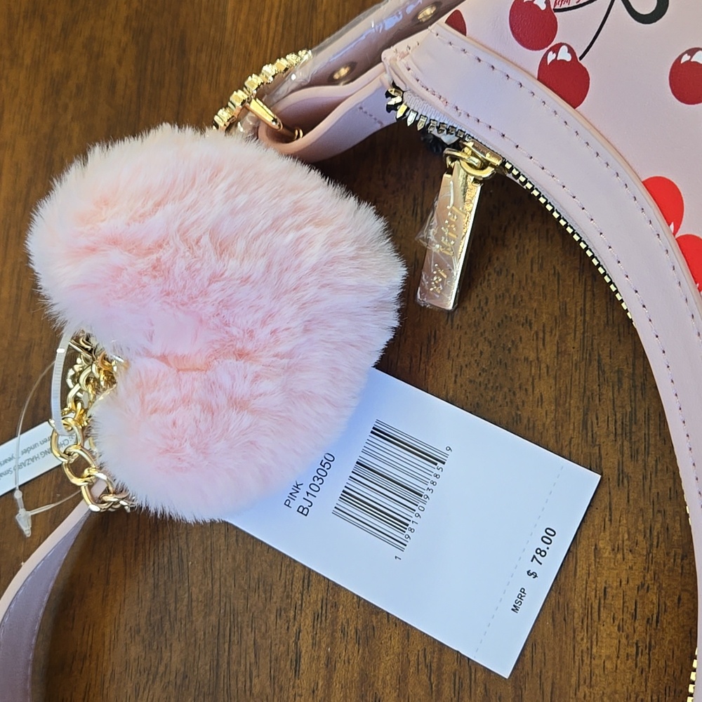 Betsey Johnson PINK Cherry Bow Hobo Bag & Plush Bag Charm Hearts Locket NEW NWT - Picture 5 of 7